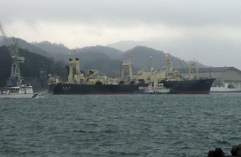 Japan's whaling research ship 'Nisshin Maru' is seen leaving from Innoshima island port in Hiroshima prefecture, western Japan, on December 28, 2012. Japanese whaling vessels left port bound for the Southern Ocean on their annual hunt for the huge marine mammals, according to a media report and Greenpeace