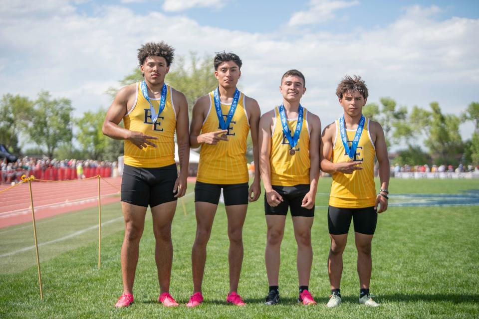 Pueblo East's 4x100 meter relay team, from left, Izaiah Trujillo, Brendon Andrada, Chaz Leyba and Manuel 'Pocky' Amaro celebrate their third place finish in the Class 4A 4x100 meter final of the 2024 CHSAA Track and Field state championships held at Jeffco Stadium on Saturday, May 18, 2024.