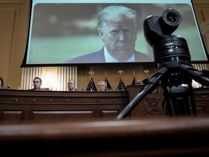 Former US President Donald Trump appears on a screen during a hearing by the Select Committee to Investigate the January 6th Attack on the U.S. Capitol on June 9, 2022 in Washington, DC.