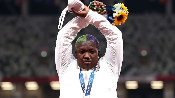 Raven Saunders of Team United States makes an “X” gesture during the medal ceremony for the Women’s Shot Put on Day Nine of the Tokyo 2020 Olympic Games at Olympic Stadium Sunday in Tokyo, Japan. (Photo by Ryan Pierse/Getty Images)