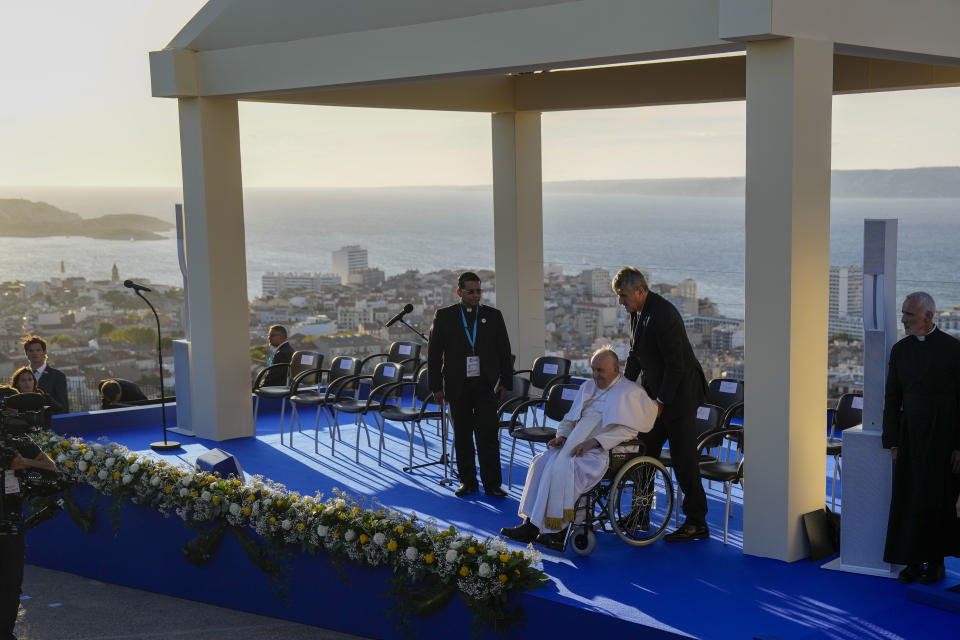 Pope Francis arrives to take part in a moment of reflection with religious leaders next to the Memorial dedicated to sailors and migrants lost at sea, in Marseille, France, Friday, Sept. 22, 2023. Francis, during a two-day visit, will join Catholic bishops from the Mediterranean region on discussions that will largely focus on migration. (AP Photo/Pavel Golovkin)