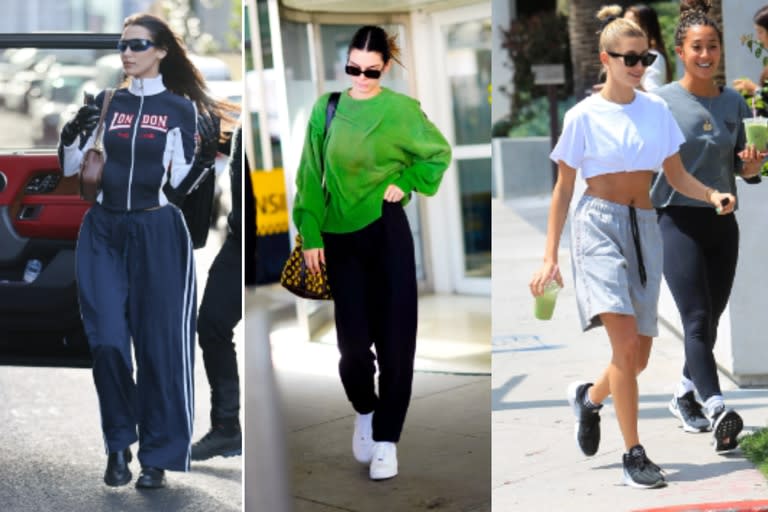 A la tendencia de Kendall Jenner (centro) conocida como el estilo "Adam Sandler Core" basado en prendas ‘oversize’ se le sumaron Bella Hadid (izquierda) y Kaia Gerber (derecha)