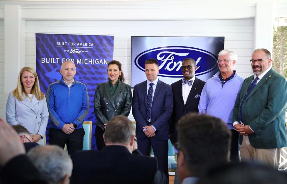 Gov. Gretchen Whitmer joins legislative leaders from both parties in Mackinac Island for a June 2, 2022 announcement of Ford's plans to expand in Michigan with the help of a state-funded economic development grant.