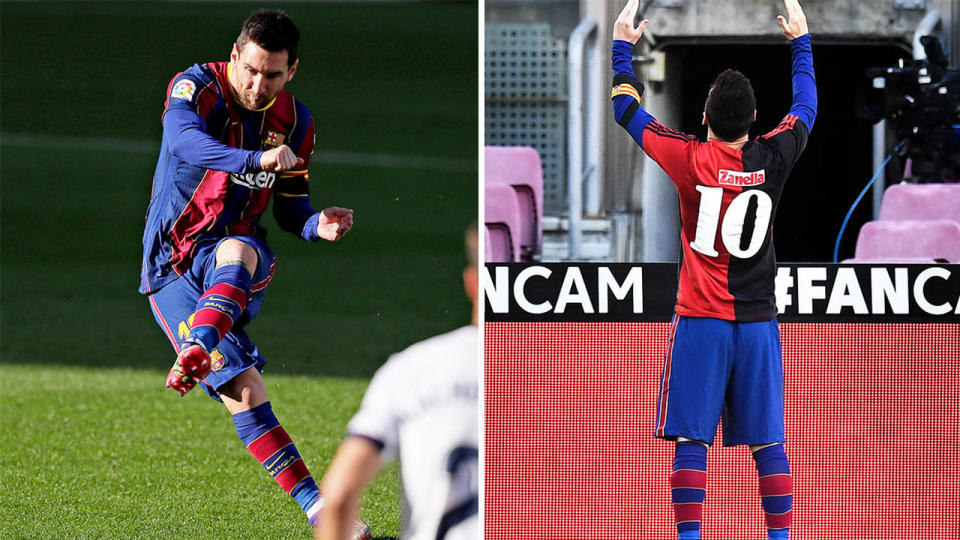 Lionel Messi celebrates after scoring (pictured left) their sides fourth goal while wearing a Newell's Old Boys shirt with the number 10 on the back (pictured right).