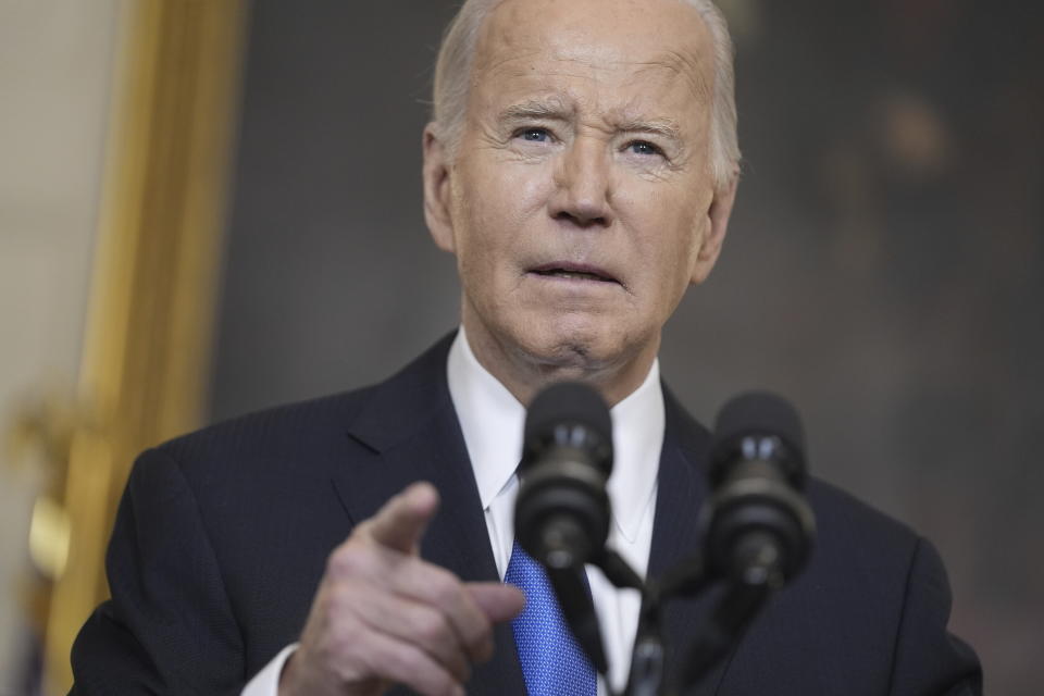 President Biden delivers remarks from the State Dining Room of the White House.