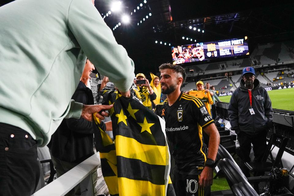 Sep 7, 2024; Columbus, OH, USA; Columbus Crew forward Diego Rossi (10) meets fans after the game against Seattle Sounders FC at Lower.com Field.