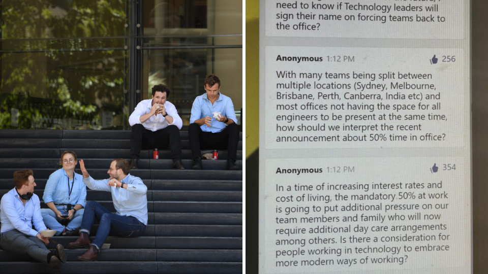 A composite image of office workers sitting on stairs in the city and leaked CBA messages with staff venting their anger about needing to return to working in the office.