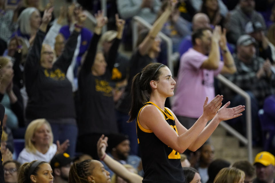 Iowa guard Caitlin Clark (22) reacts on the bench during the second half of an NCAA college basketball game against Northern Iowa, Sunday, Nov. 12, 2023, in Cedar Falls, Iowa. Iowa won 94-53. (AP Photo/Charlie Neibergall)
