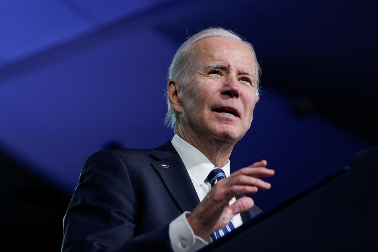 U.S. President Joe Biden speaks as he attends the DNC 2023 Winter Meeting in Philadelphia, Pennsylvania, U.S., February 3, 2023. REUTERS/Elizabeth Frantz