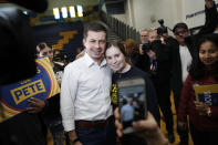 Democratic presidential candidate former South Bend, Ind., Mayor Pete Buttigieg poses for a photo as he visits a caucus site Saturday, Feb. 22, 2020, in Las Vegas. (AP Photo/John Locher)