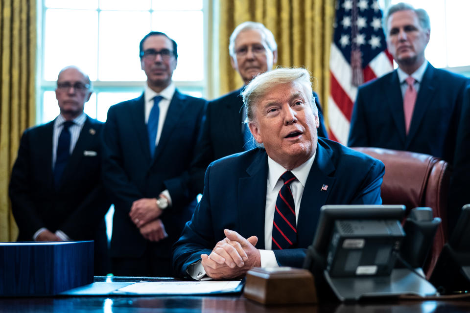 WASHINGTON, DC - MARCH 27: U.S. President Donald Trump speaks during a bill signing ceremony for H.R. 748, the CARES Act in the Oval Office of the White House on March 27, 2020 in Washington, DC. Earlier on Friday, the U.S. House of Representatives approved the $2 trillion stimulus bill that lawmakers hope will battle the the economic effects of the COVID-19 pandemic. (Photo by Erin Schaff-Pool/Getty Images)