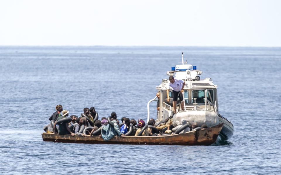 Migrants who want to reach Europe illegally via the Mediterranean Sea, off the city of Sfax in Tunisia