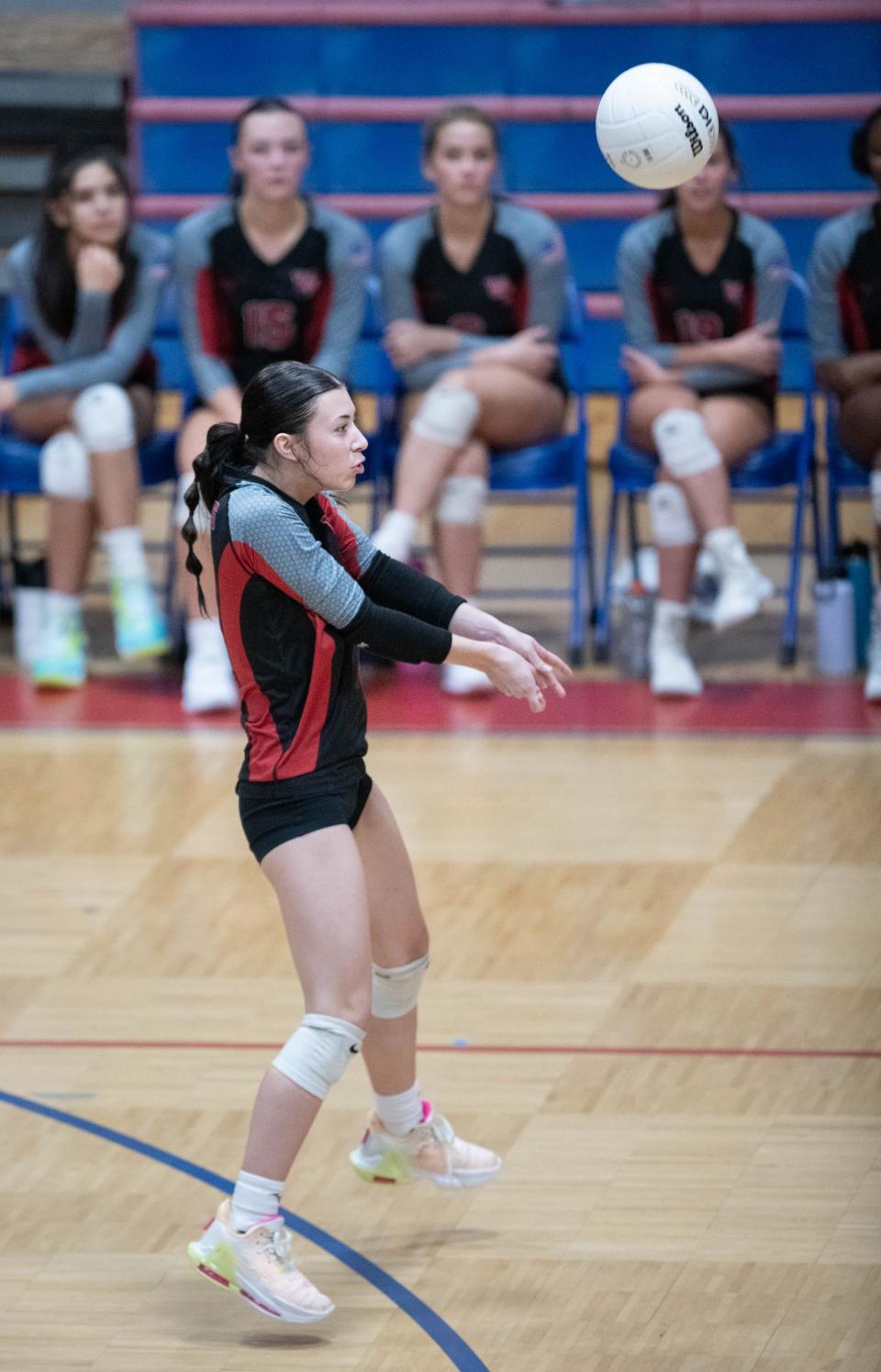 Lucy Silvers (3) plays the ball during the West Florida vs Pace volleyball match at Pace High School on Wednesday, Sept. 6, 2023.