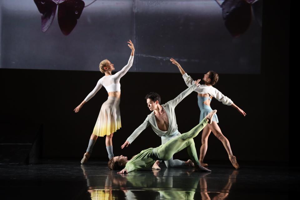 From left, Lauren Ostrander, Arcadian Broad, Yuki Nonaka and Emelia Perkins in Jessica Lang’s “Shades of Spring” at The Sarasota Ballet.