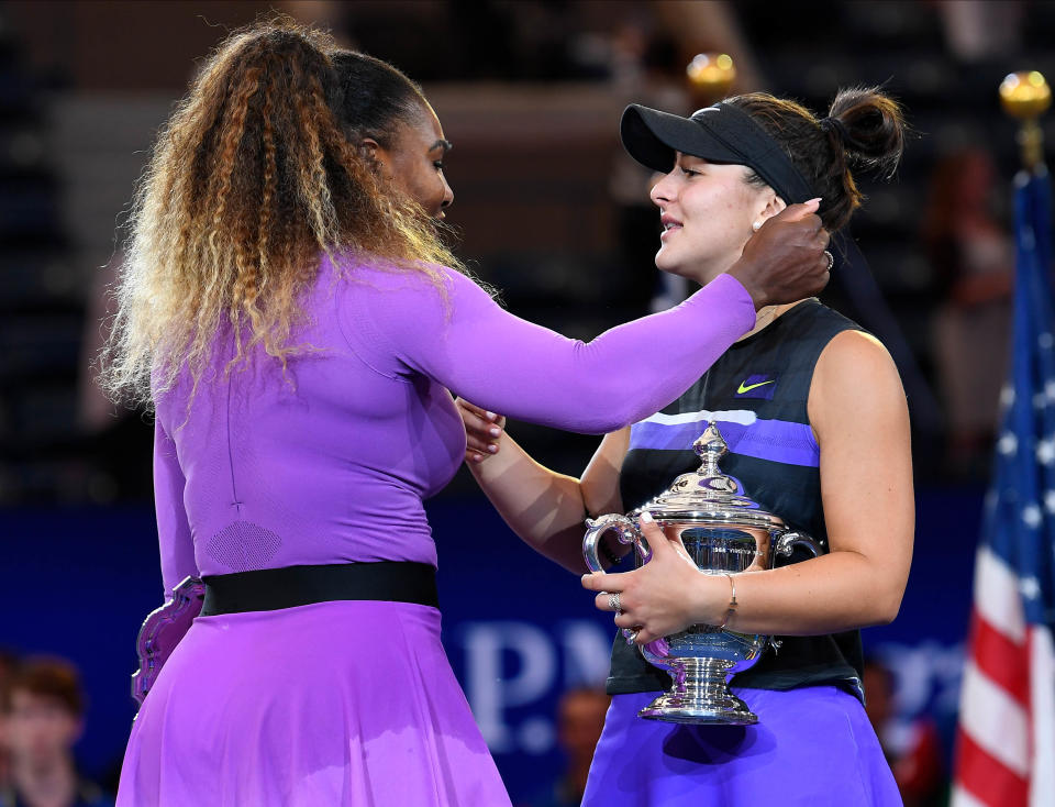 Sept 7, 2019; Flushing, NY, USA;  Bianca Andreescu of Canada (right) and Serena Williams of the USA greet each other at the trophy presentation after the women’s singles final on day thirteen of the 2019 U.S. Open tennis tournament at USTA Billie Jean King National Tennis Center. Mandatory Credit: Robert Deutsch-USA TODAY Sports