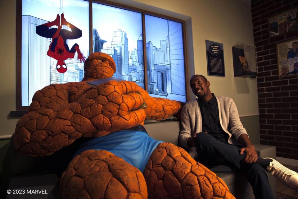 “It’s clobberin’ time” to take a selfie with The Thing and other Marvel characters at the upcoming “Marvel: Universe of Super Heroes” exhibit at Discovery Place Science.