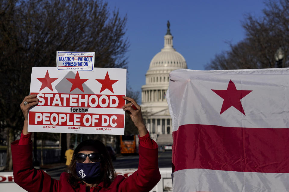 D.C. residents rallied this year for the passage of H.R. 51, the statehood bill that the House approved in April. The bill faces longer odds in the Senate, thanks to Republican opposition, the filibuster and a lack of support from at least one Democratic holdout &mdash; Sen. Joe Manchin of West Virginia. (Photo: Drew Angerer via Getty Images)