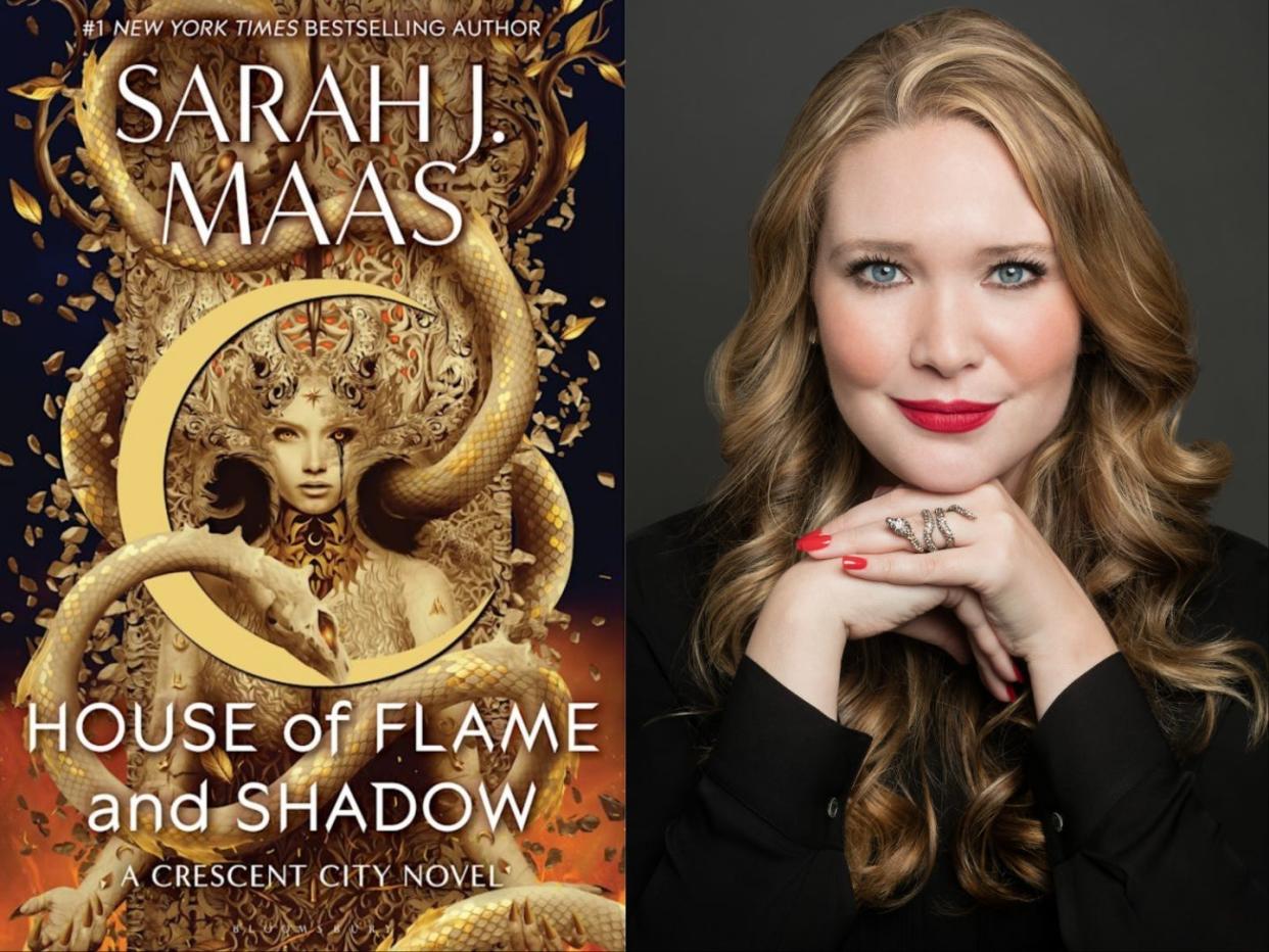 A side-by-side of the cover of "House of Flame and Shadow" and a headshot of Sarah J. Maas.