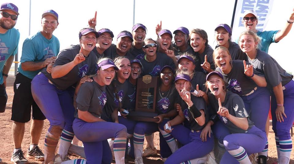 The FSW softball team celebrates its second straight NJCAA national title.