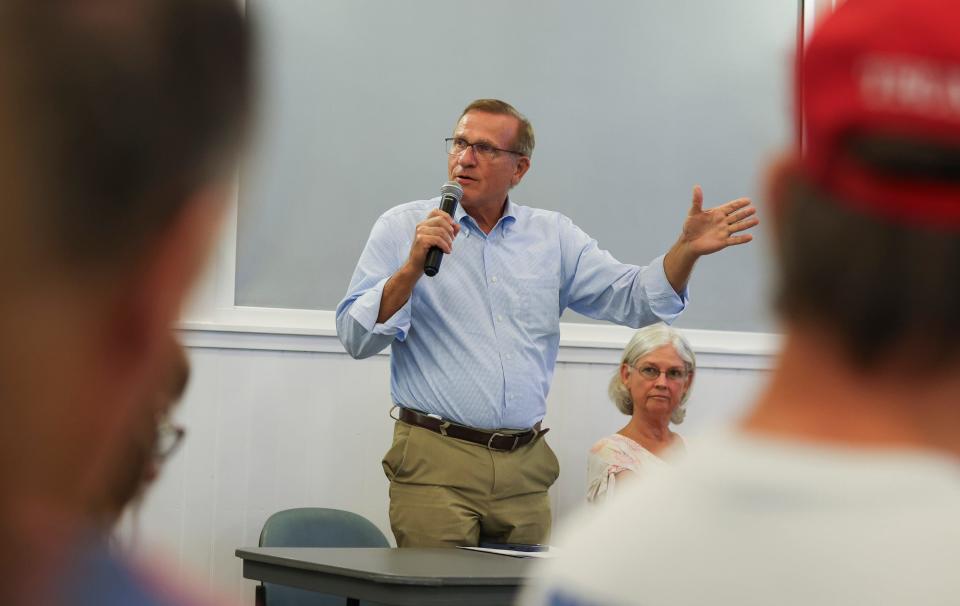 Ron Rose, executive director of the Jensen Beach Chamber of Commerce, speaks to a crowd during a Jensen Beach Neighborhood Advisory Committee town hall meeting where community members spoke out against Riverlight, a proposed residential community along the Indian River Lagoon, on Wednesday, Sept. 6, 2023, at the Jensen Beach Community Center, 1912 N.E. Jensen Beach Blvd.