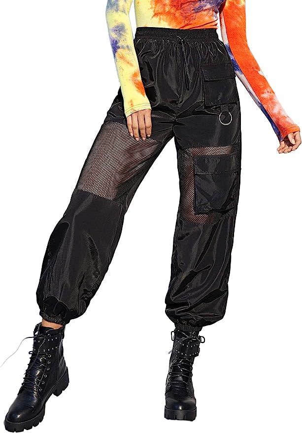 model wearing black mesh paneled cargo pants