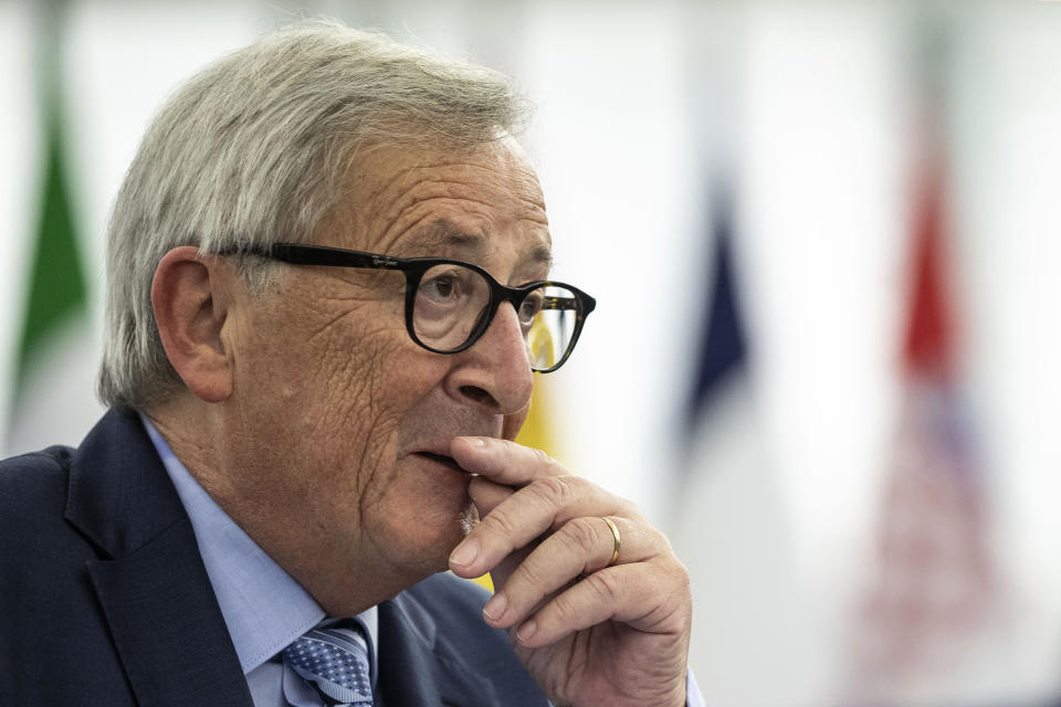 European Commission President Jean-Claude Juncker reacts Tuesday, Oct. 22, 2019 at the European Parliament in Strasbourg. Britain faces another week of political gridlock after British lawmakers on Monday denied Prime Minister Boris Johnson a chance to hold a vote on the Brexit divorce bill agreed in Brussels last Thursday. (AP Photo/Jean-Francois Badias)