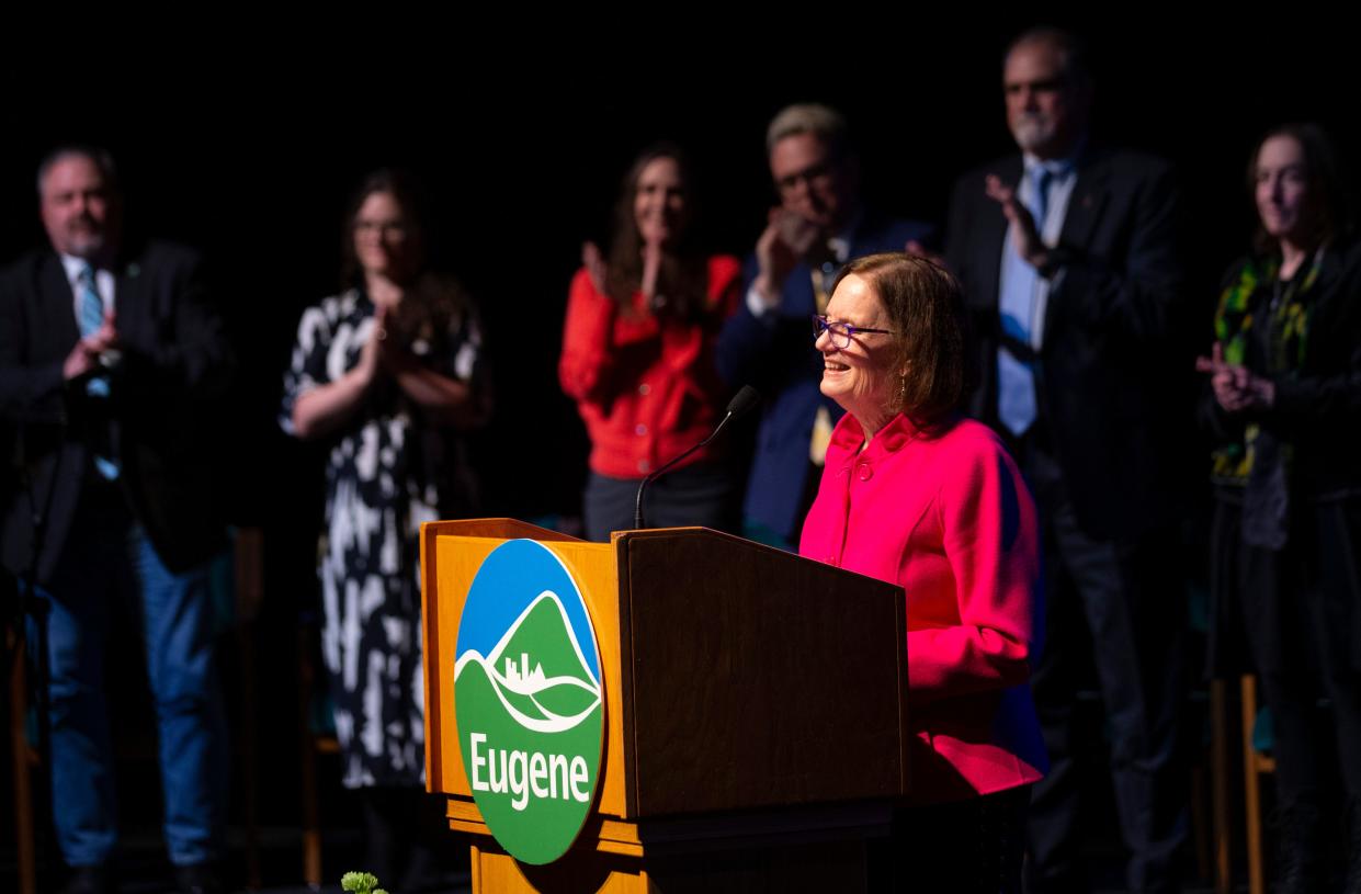 Eugene Mayor Lucy Vinis, with members of the City Council  behind, receives a standing ovation after delivering the 2023 Eugene State of the City address at the Hult Center in Eugene Wednesday, Jan. 4, 2023.