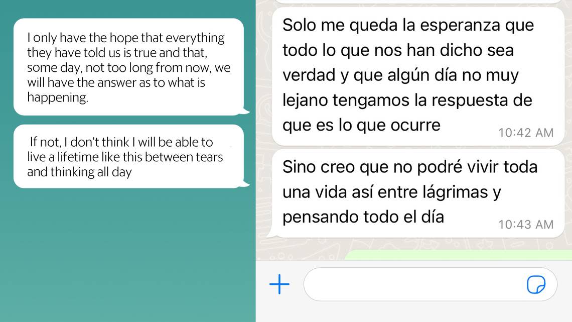 Translated WhatsApp message screenshots from family members who are looking for their loved ones after they went missing during migrant boat journeys from Cuba to the United States.