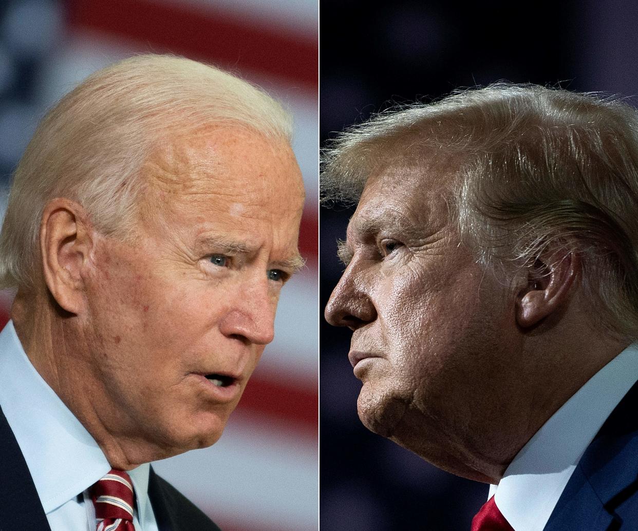 (COMBO) This combination of file pictures created on September 28, 2020 shows Democratic presidential candidate Joe Biden(L) speaking in Tampa, Florida on September 15, 2020 and US President Donald Trump speaking during an event for black supporters at the Cobb Galleria Centre September 25, 2020, in Atlanta, Georgia. - At the September 29, 2020 election debate, millions of Americans will watch as the two antagonists -- who depict each other as existential threats to the country -- step into the ring live on television after months of shadow-boxing. (Photos by JIM WATSON and Brendan Smialowski / AFP) (Photo by JIM WATSON,BRENDAN SMIALOWSKI/AFP via Getty Images)