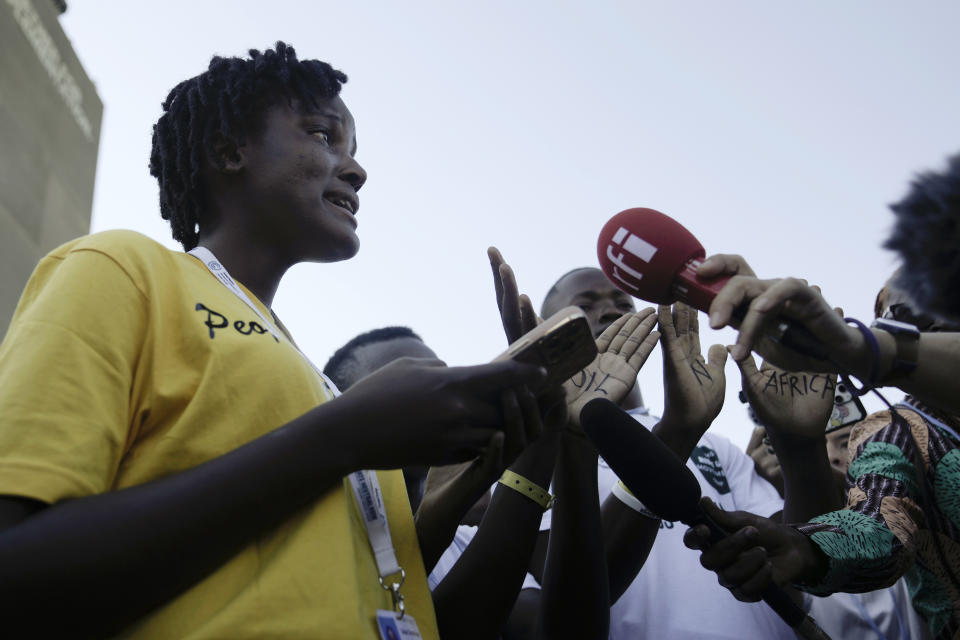 Vanessa Nakate, of Uganda, speaks to members of the media during a protest against pipelines in East Africa at the COP27 U.N. Climate Summit, Friday, Nov. 11, 2022, in Sharm el-Sheikh, Egypt. (AP Photo/Nariman El-Mofty)