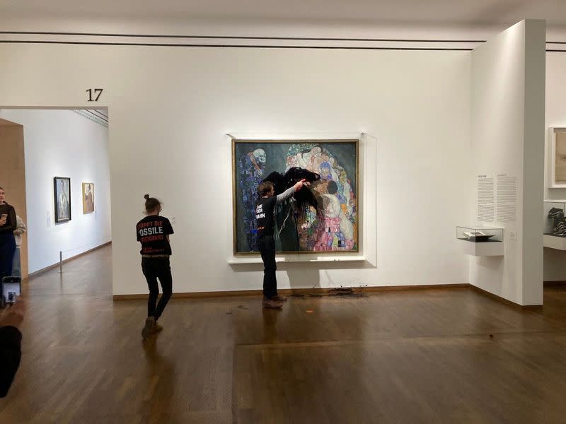 Activists of Last Generation Austria spill oil on a painting of Gustav Klimt in a museum in Vienna