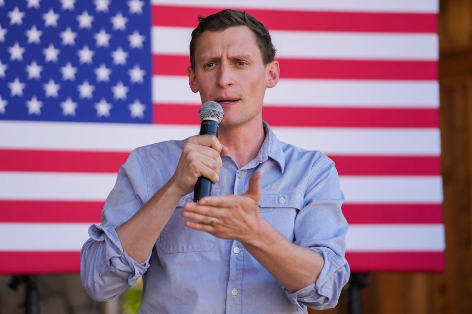 Blake Masters speaks during a Take Back America rally held at San Tan Flat on Oct. 5, 2022, in Queen Creek.