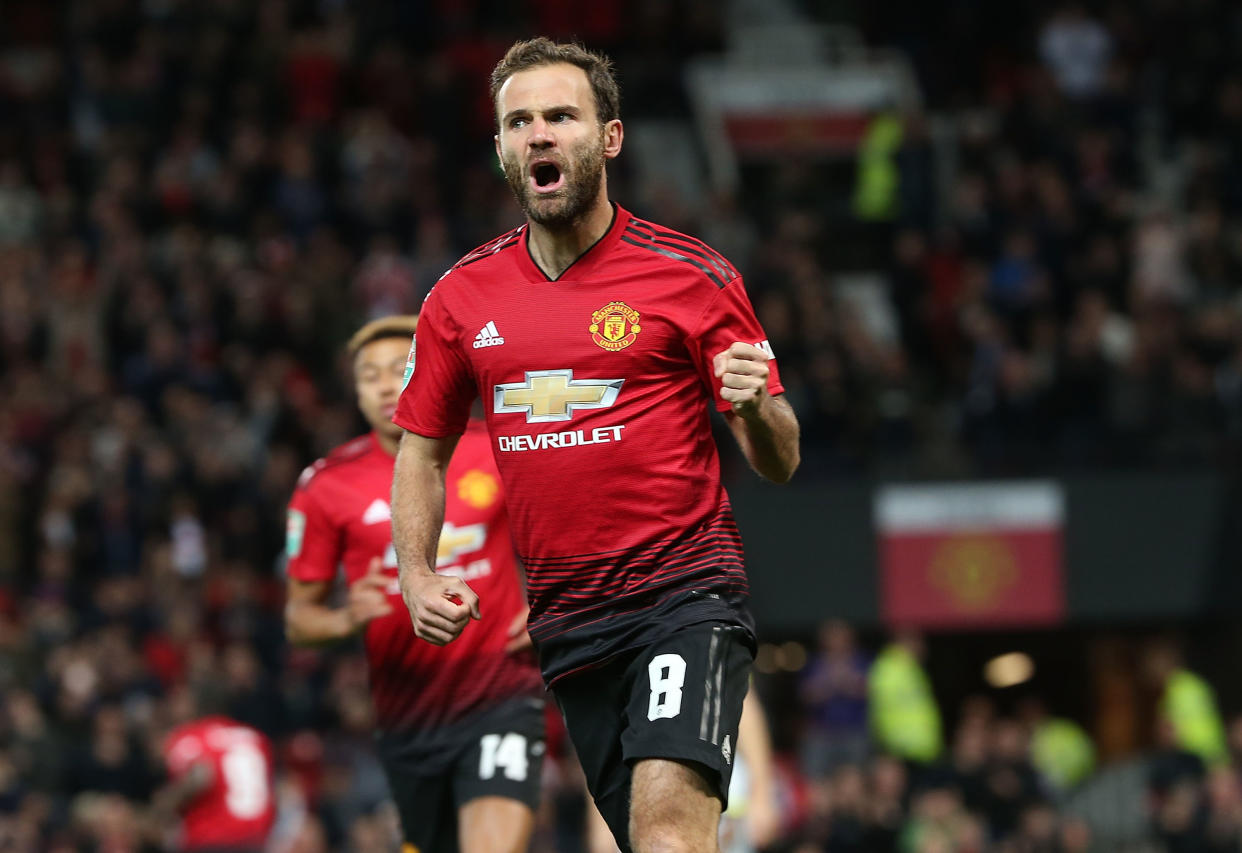 Juan Mata celebrates putting Man United into the lead in just the third minute