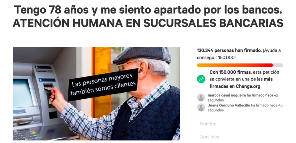 Un jubilado de 78 años ha lanzado una campaña de recogida de firmas tras sentirse apartado por los bancos. Está siendo un éxito. (Foto: Captura de Change.org)