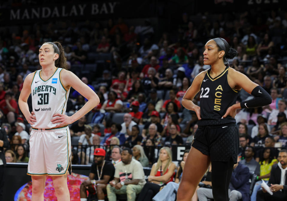 The New York Liberty's Breanna Stewart and Las Vegas Aces' A'ja Wilson will captain the 2023 WNBA All-Star teams. (Ethan Miller/Getty Images)