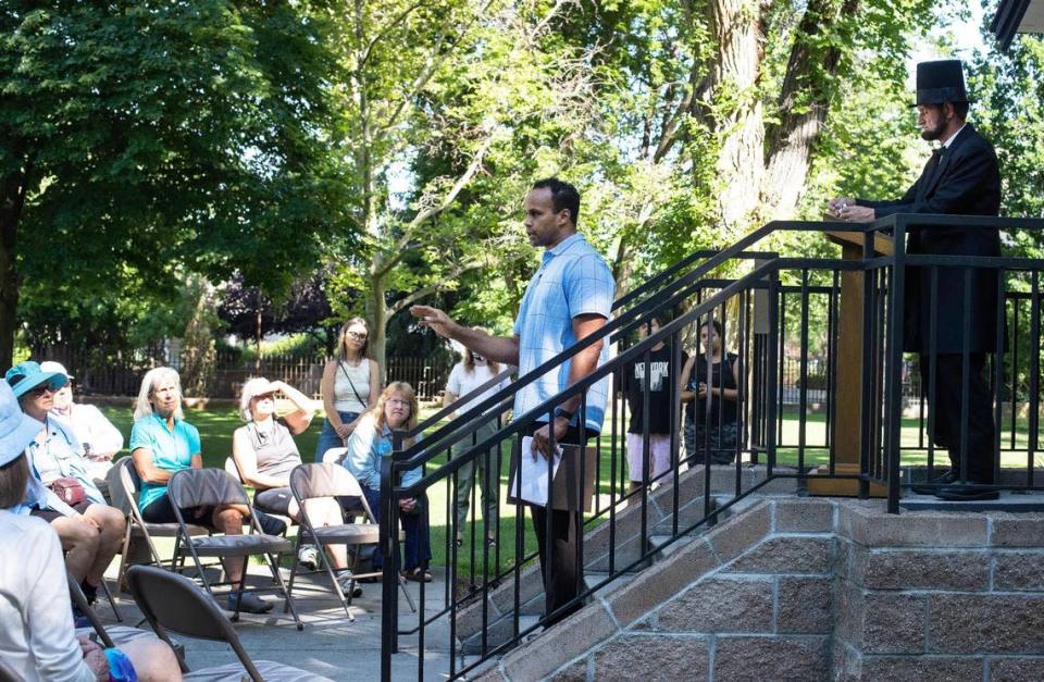 Phillip Thompson, board president and director of the Idaho Black History Museum, speaks during a Juneteenth celebration at the Idaho Black History Museum in Boise on Saturday, June 19, 2021. Juneteeth was made a federal holiday this year.