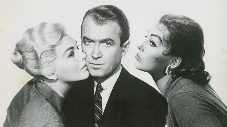 Jimmy Stewart Movies: Jimmy Stewart and Kim Novak in a promo shot for “Vertigo”