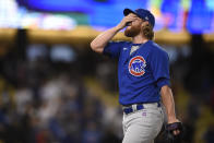 Chicago Cubs relief pitcher Craig Kimbrel reacts after pitching the final inning for a combined no-hitter after a baseball game against the Los Angeles Dodgers in Los Angeles, Thursday, June 24, 2021. The Cubs won 4-0. (AP Photo/Kelvin Kuo)