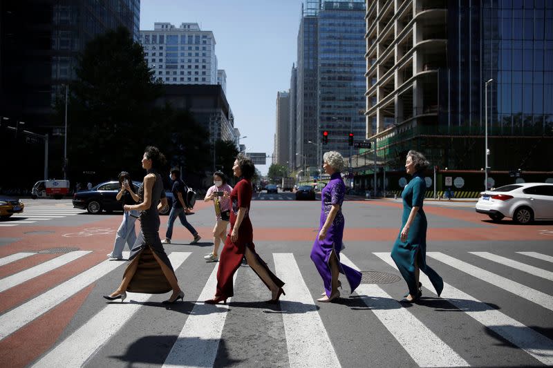 Elderly model group "Glamma Beijing" perform catwalk in Beijing's CBD area following the coronavirus disease (COVID-19) outbreak