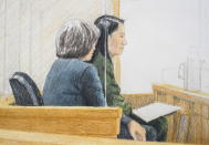 In this courtroom sketch, Meng Wanzhou, right, the chief financial officer of Huawei Technologies, sits beside a translator during a bail hearing at British Columbia Supreme Court in Vancouver, on Friday, Dec. 7, 2018. Meng faces extradition to the U.S. on charges of trying to evade U.S. sanctions on Iran. She appeared in a Vancouver court Friday to seek bail. (Jane Wolsak/The Canadian Press via AP)