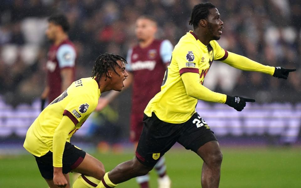 Burnley's David Datro Fofana (right) celebrates scoring their side's first goal of the game with team-mate Wilson Odobert during the Premier League match at the London Stadium, London.