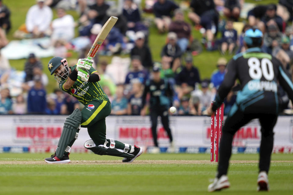Palistan's Mohammad Rizwan bats against New Zealand during their T20international cricket match in Dunedin, New Zealand, Wednesday, Jan. 17, 2024. (Michael Thomas/Photosport via AP)