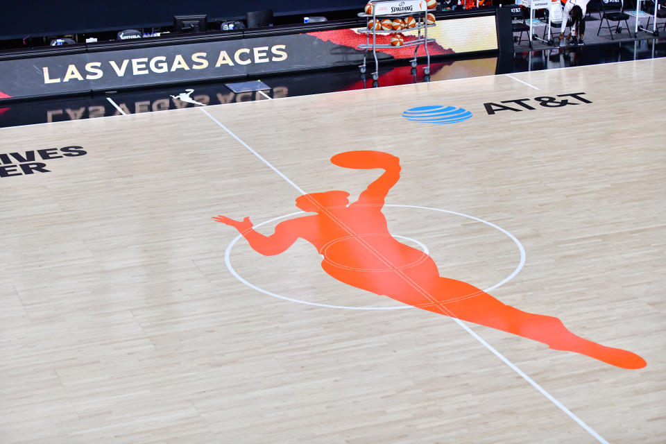 PALMETTO, FLORIDA - SEPTEMBER 20: A general view of the WNBA logo is seen on the court before Game One of the Third Round playoff between the Las Vegas Aces and the Connecticut Sun at Feld Entertainment Center on September 20, 2020 in Palmetto, Florida. NOTE TO USER: User expressly acknowledges and agrees that, by downloading and or using this photograph, User is consenting to the terms and conditions of the Getty Images License Agreement. (Photo by Julio Aguilar/Getty Images)