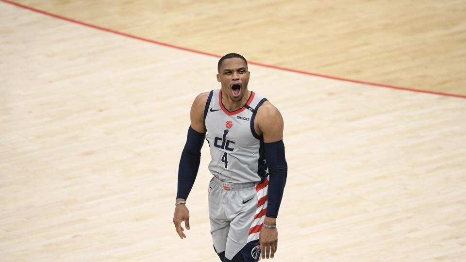 Washington Wizards guard Russell Westbrook (4) reacts