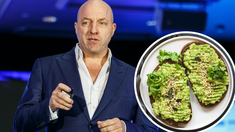 Pictured: Freelancer.com CEO Matt Barrie speaks, smashed avocado on toast. Images: Yahoo Finance, Getty