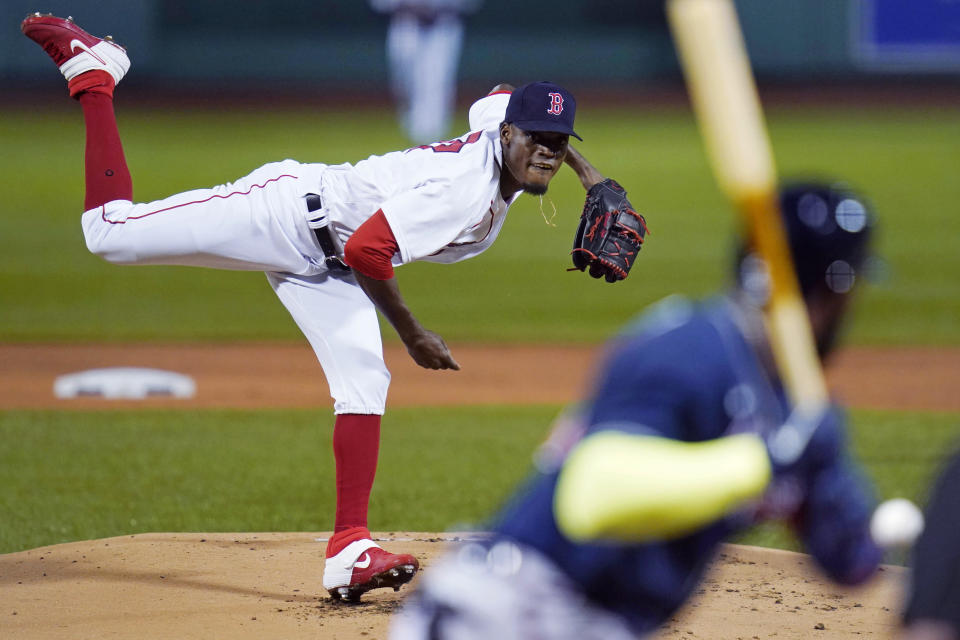 Boston Red Sox starting pitcher Robinson Leyer delivers during the first inning of the team's baseball game against the Atlanta Braves, Wednesday Sept. 2, 2020, in Boston. (AP Photo/Charles Krupa)