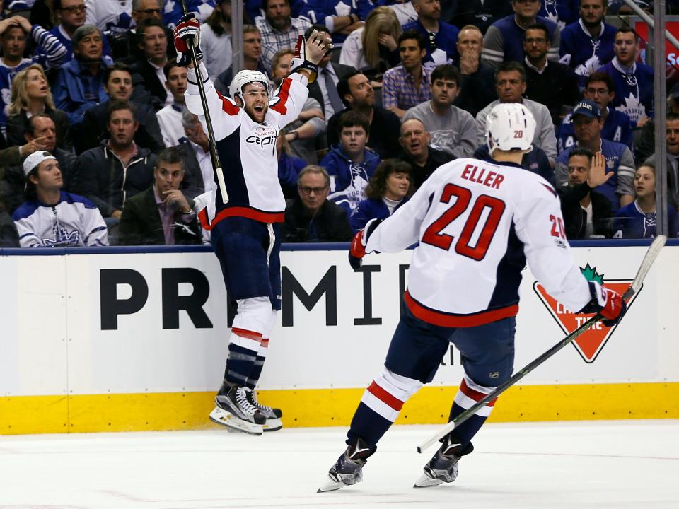 Washington Capitals forward Tom Wilson (43) reacts after scoring a goal on an assist from forward Lars Eller (20) during the 2017 Stanley Cup.