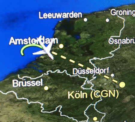 A picture shows the flight path of the Airbus A340 government aircraft carrying Chancellor Angela Merkel and the German delegation to the G20 summit in Buenos Aires which was forced to land shortly after taking off from Berlin at the Cologne-Bonn airport, Germany, November 29, 2018. The captain told passengers aboard the plane he decided to switch aircraft at the Cologne-Bonn airport in northwestern Germany after the "malfunction of several electronic systems", but said there had been no security risk. REUTERS/Andreas Rinke