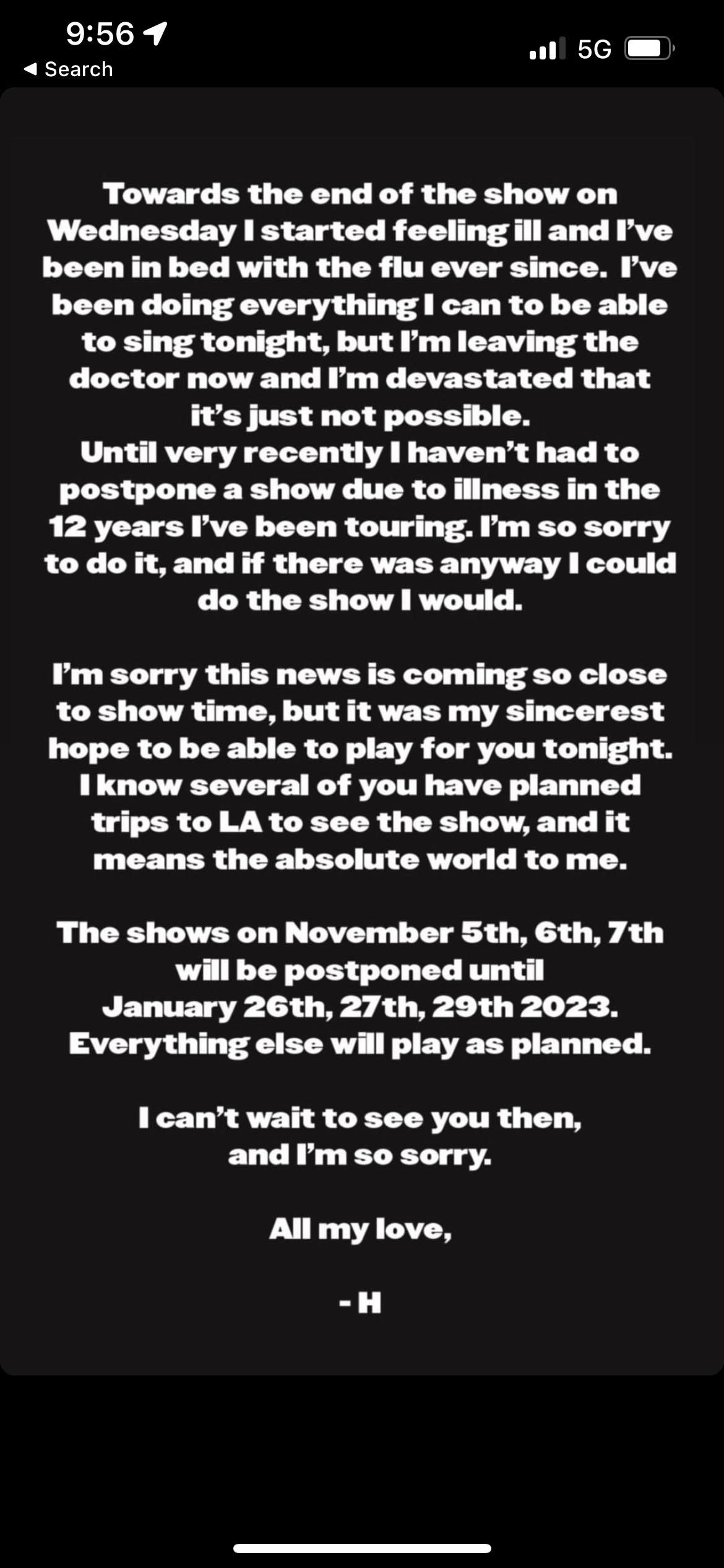 Harry Styles announces he will have to postpone his tour due to illness. (Instagram/Harry Styles)