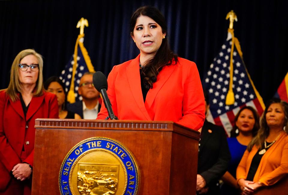 Carmen Heredia, director of Arizona Health Care Cost Containment System (AHCCCS), announces actions that Arizona is taking to stop fraud against the Medicaid system and exploitation of AHCCCS members during a news conference at the Arizona state Capitol in Phoenix on May 16, 2023.